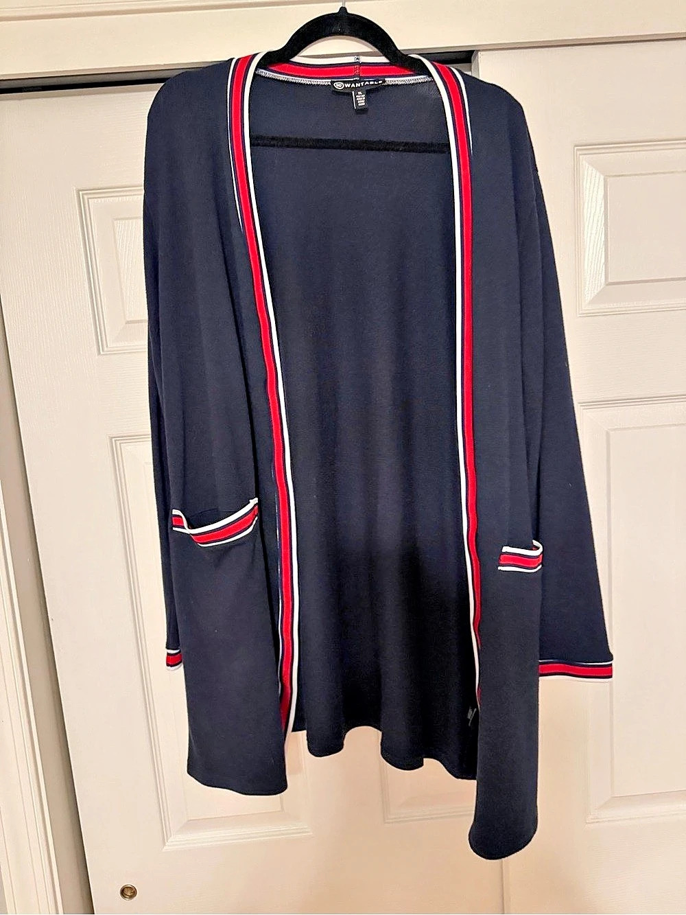 Wantable Striped Trim Cardigan in navy  & Red XL Like New